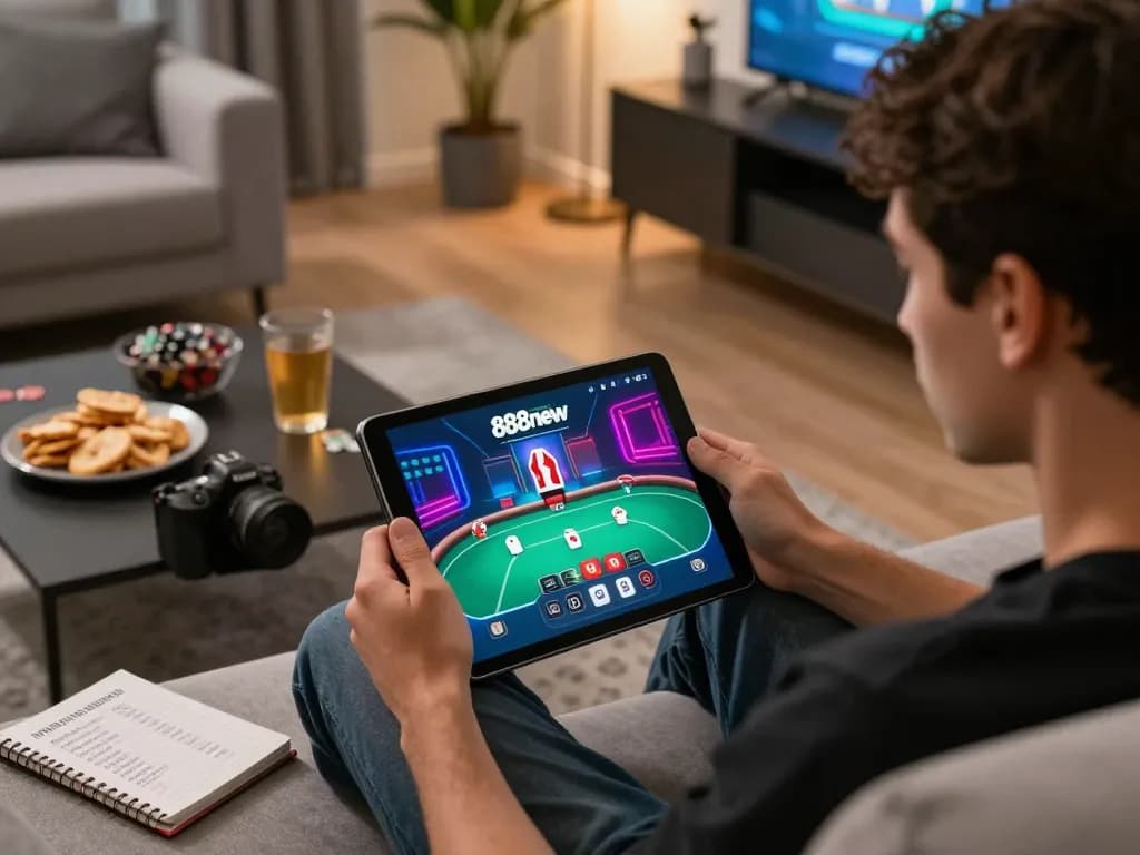 Engage with the exciting 888new app while enjoying online poker in a cozy living room setting.