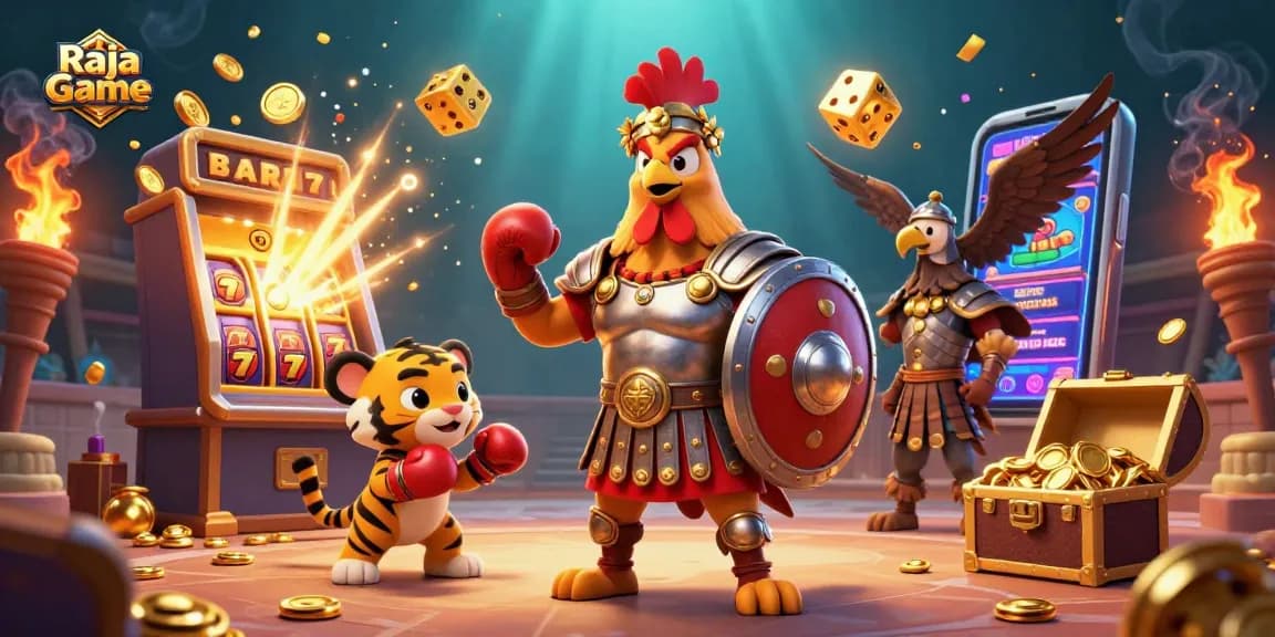 Engage with thrilling Raja Game experience featuring a gladiator rooster, colorful casino elements, and vibrant rewards.