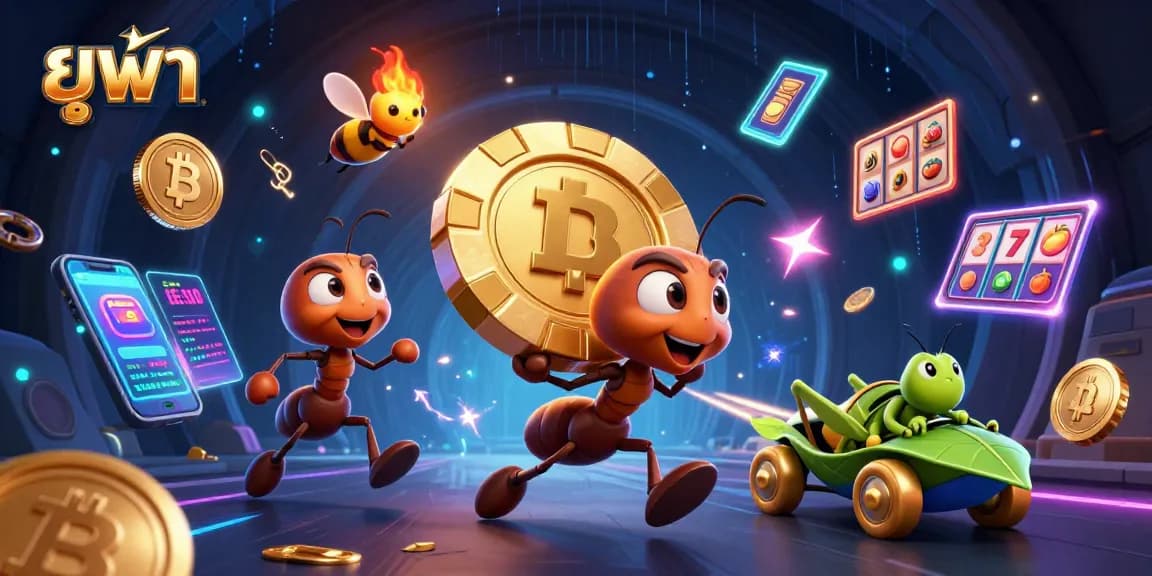 ยูฟ่า dynamic casino heist illustration with ants carrying poker chips and cryptocurrency elements