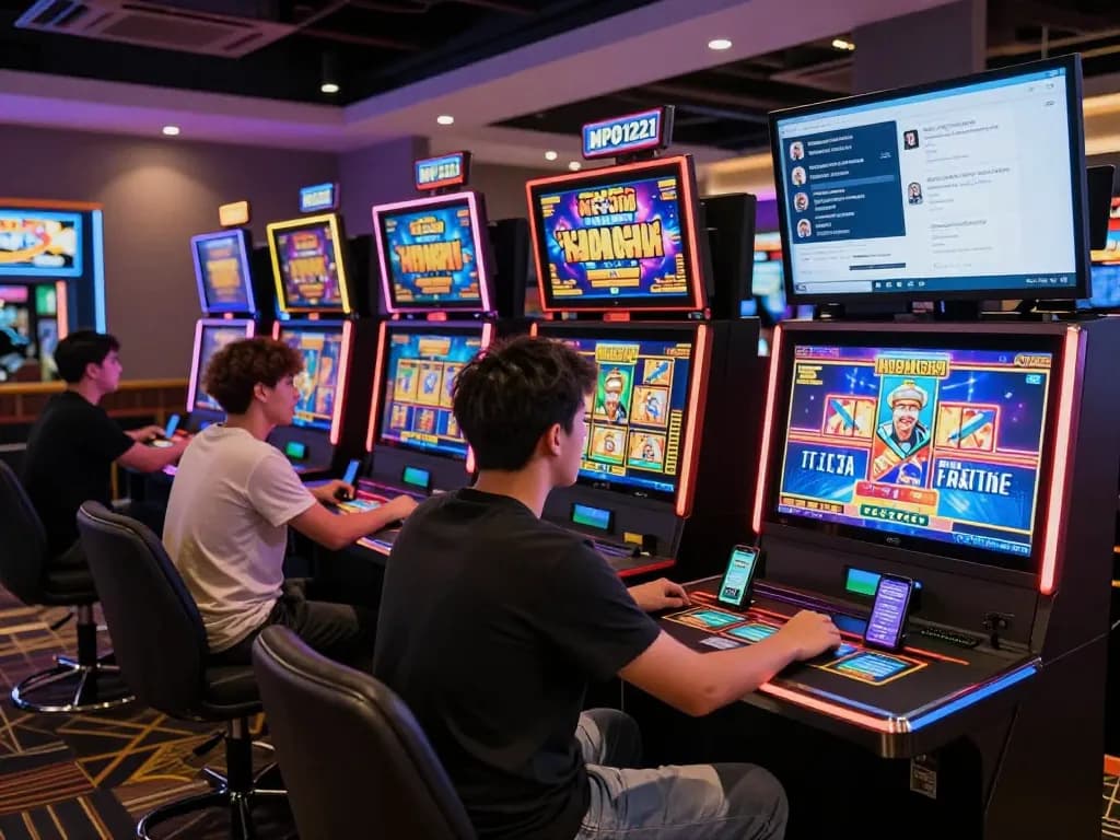 Pemain menikmati platform perjudian online MPO1221 di ruang permainan yang hidup dengan mesin slot digital.
