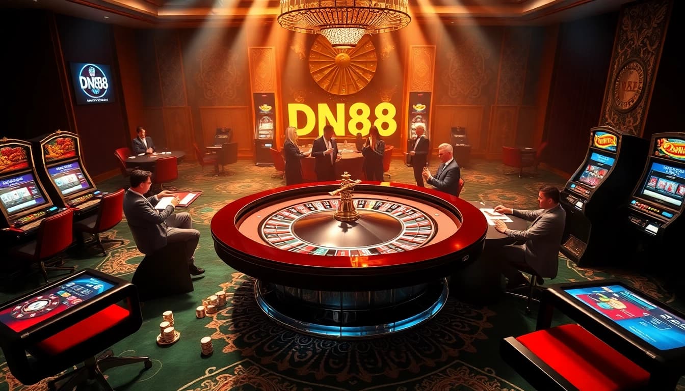 Exciting DN88 casino scene with a roulette table, poker chips, and sleek slot machines.