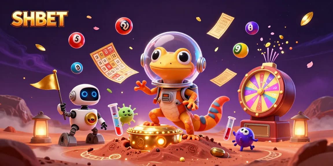 Join the fun at SHBET, as our animated Martian gecko declares victory in a vibrant casino adventure filled with thrilling games.