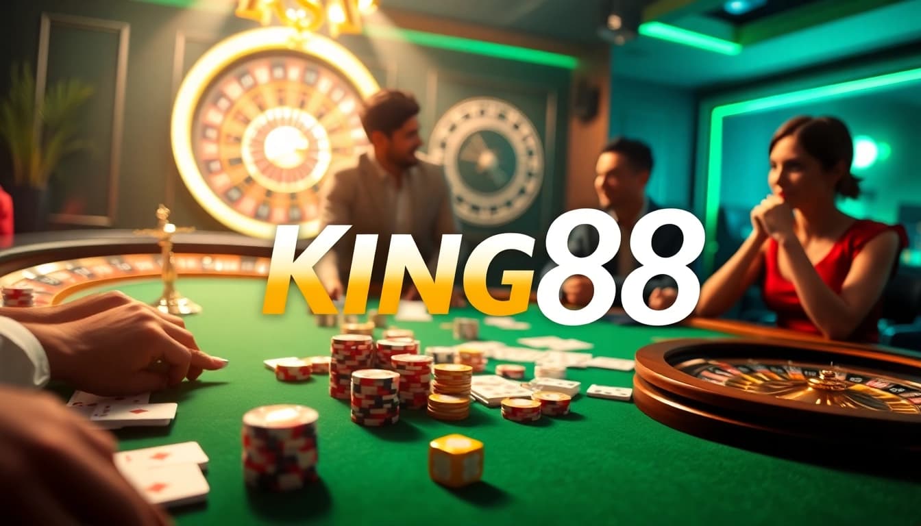 King88 casino table scene with poker chips and a roulette wheel illustrating excitement in gambling.