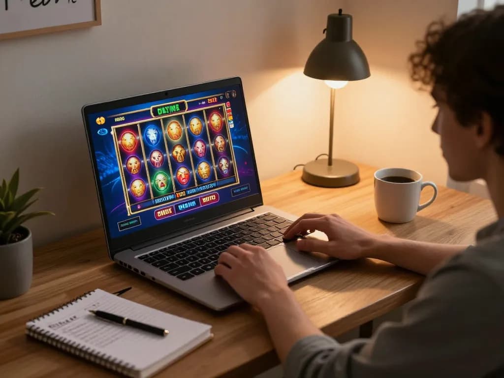 Seorang pemain terlibat dengan permainan slot online aman788 di laptop rumah yang stylish, memperlihatkan atmosfer bermain yang vibrant.