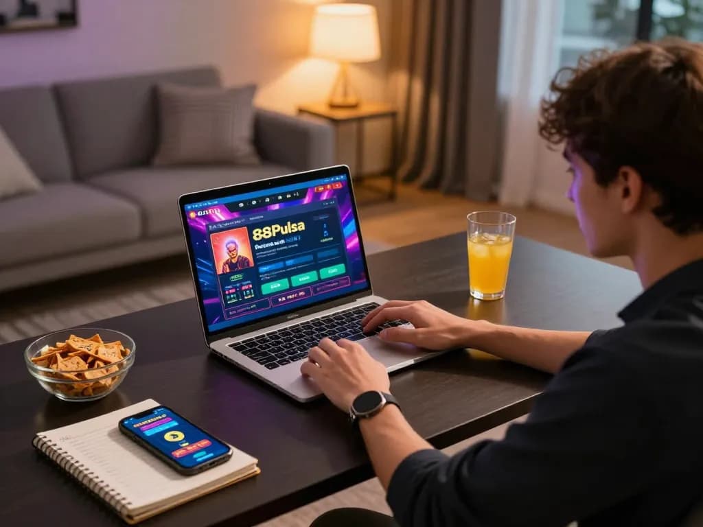 Momen perjudian online yang menarik dengan seorang pemain menggunakan 88Pulsa di laptop dalam suasana rumah yang nyaman.