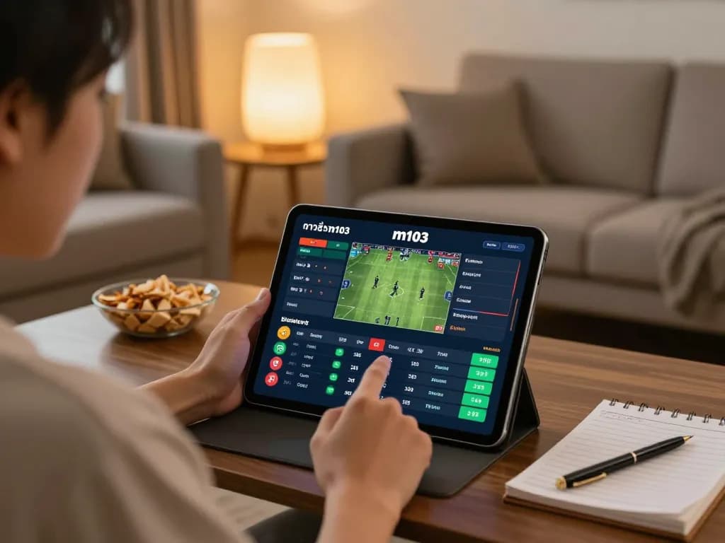 Engaging in sports betting with the ทางเข้า m103 app at home, showcasing live game odds and a cozy atmosphere