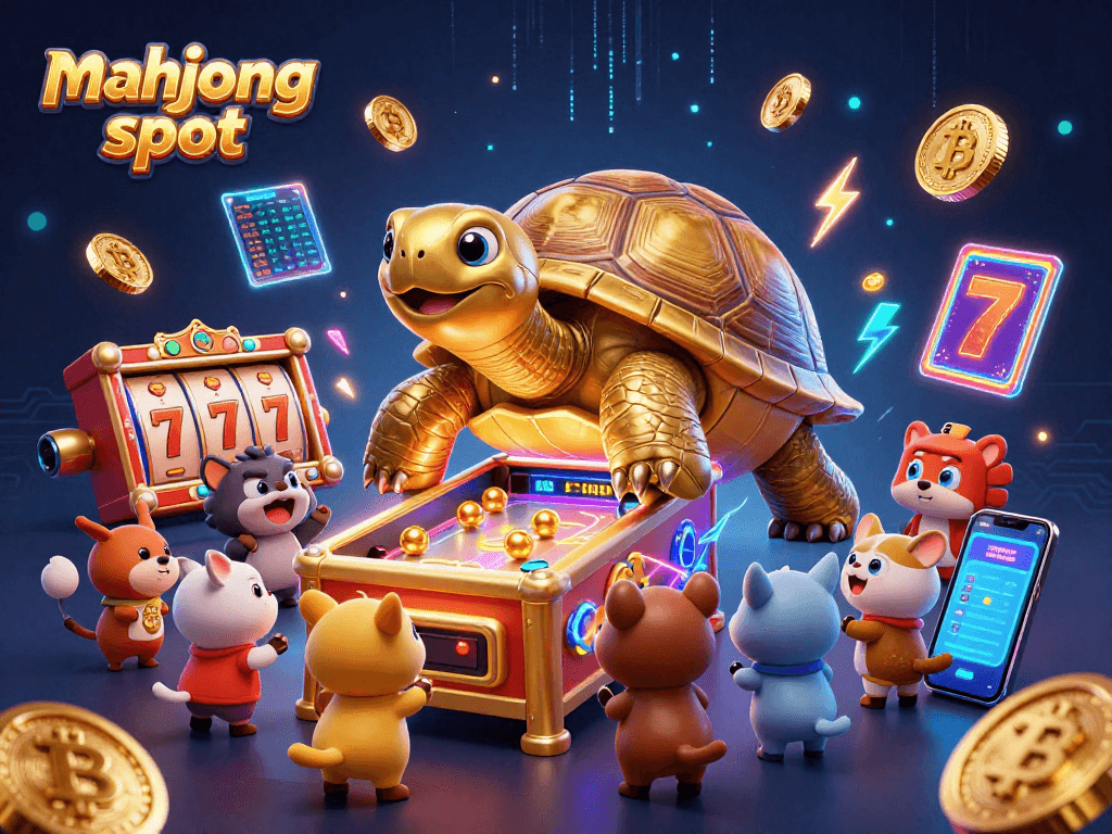 Spin the mahjong slot with excitement as animated golden tortoise and friends indulge in gaming.