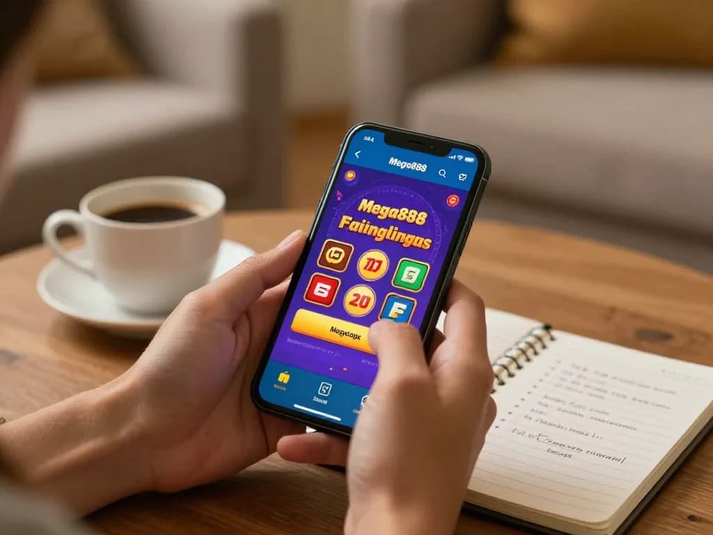 Engaging with the mega888 apk app on a smartphone during home gaming session, showcasing vibrant casino graphics