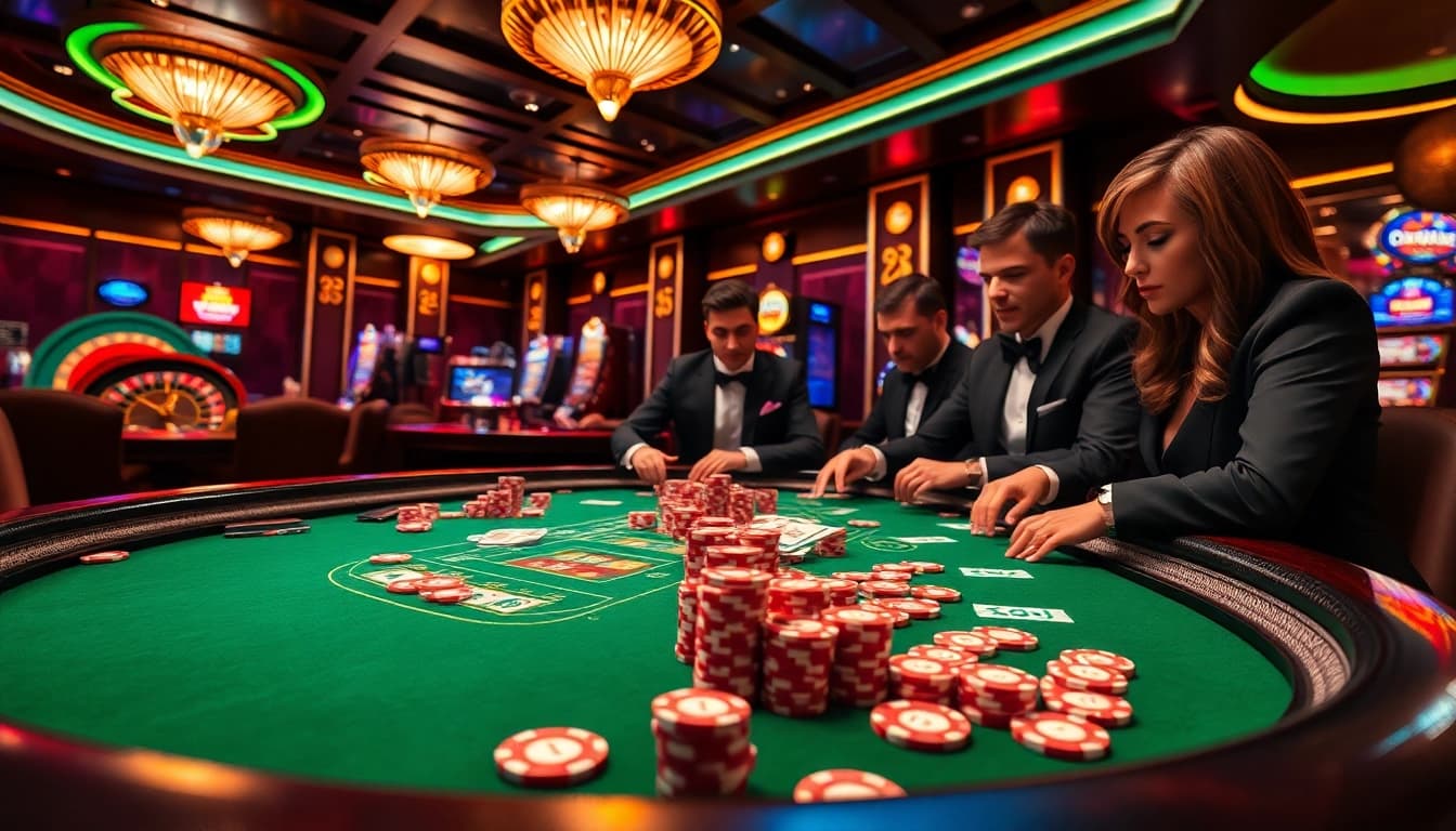 Engage with the thrilling world of tg88 as players strategize at a vibrant casino table filled with colorful gaming elements.