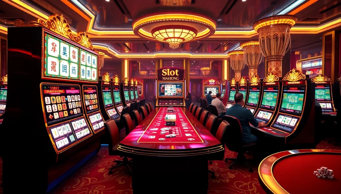 Players enjoying Slot Mahjong at a vibrant online casino with mahjong-themed slot machines.