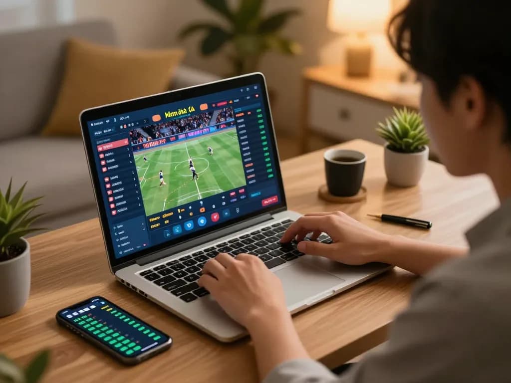 Engaging in sports betting using kèo nhà cái hôm nay on a laptop at a cozy home desk.