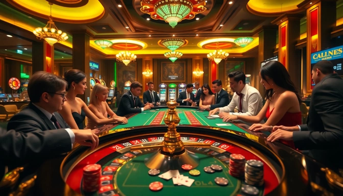 Experience the excitement of BDTK66 with a luxurious casino scene showcasing a roulette table and engaged players.