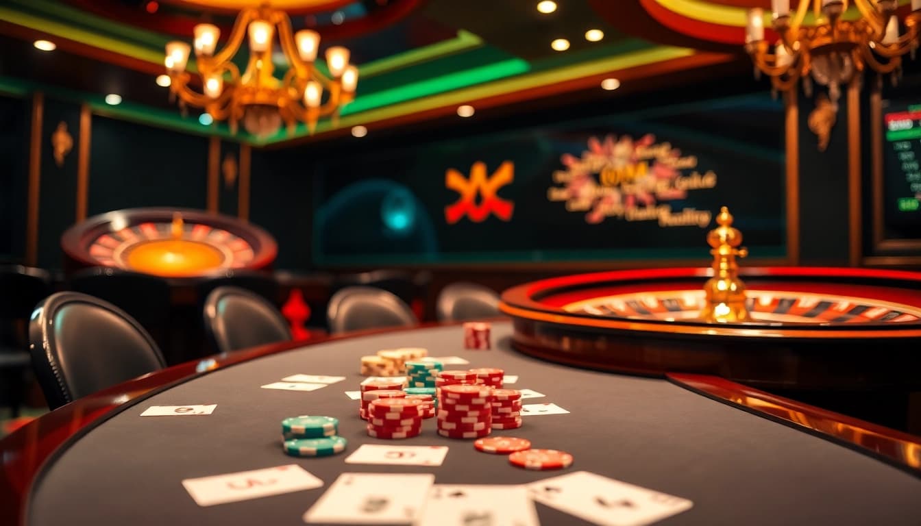Experience the thrill of gaming at OKATM with an elegant poker table and vibrant casino ambiance.