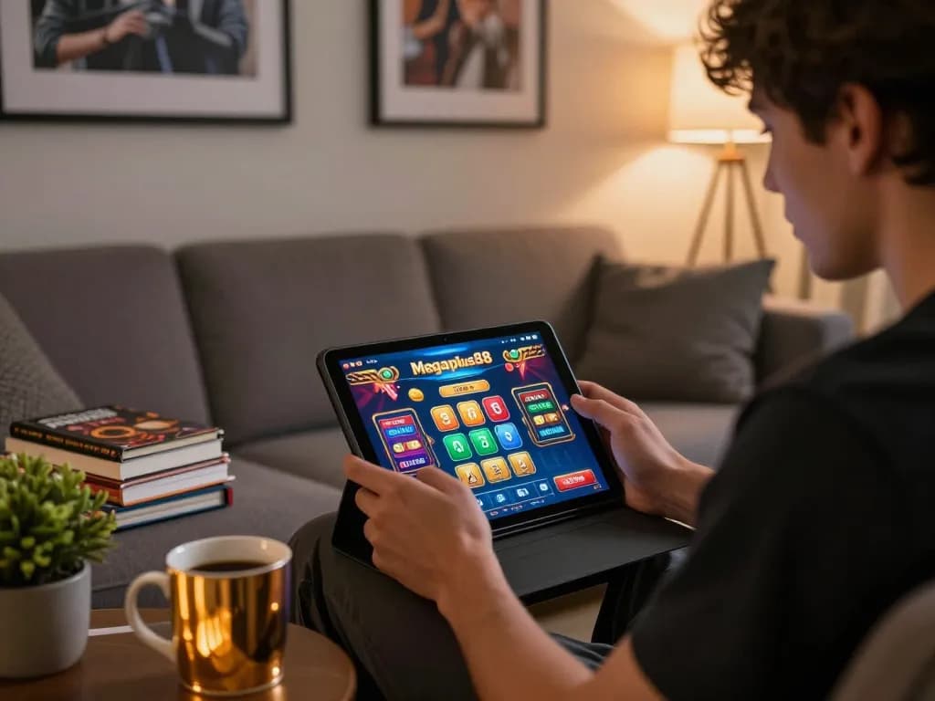 Engaging gameplay on tablet for megaplus88 casino in cozy living room setting, reflecting online gaming excitement.