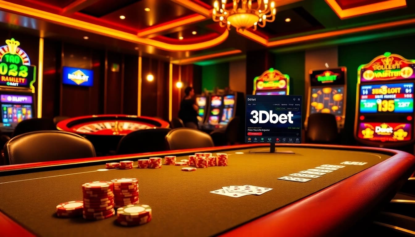 Experience the thrilling world of 3Dbet with an exciting poker game scene featuring vibrant casino elements.