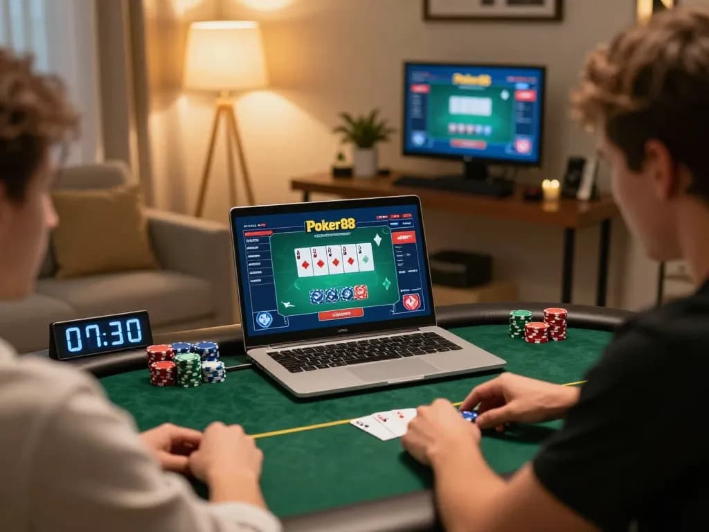 Engage in a thrilling Poker88 Alternatif Link online game while analyzing strategies in a cozy home setting.