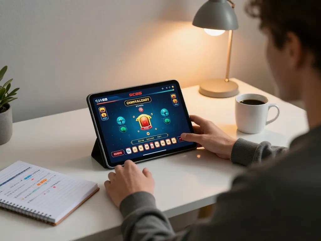 Engaging user enjoys SC88 online gaming experience on tablet in modern home office