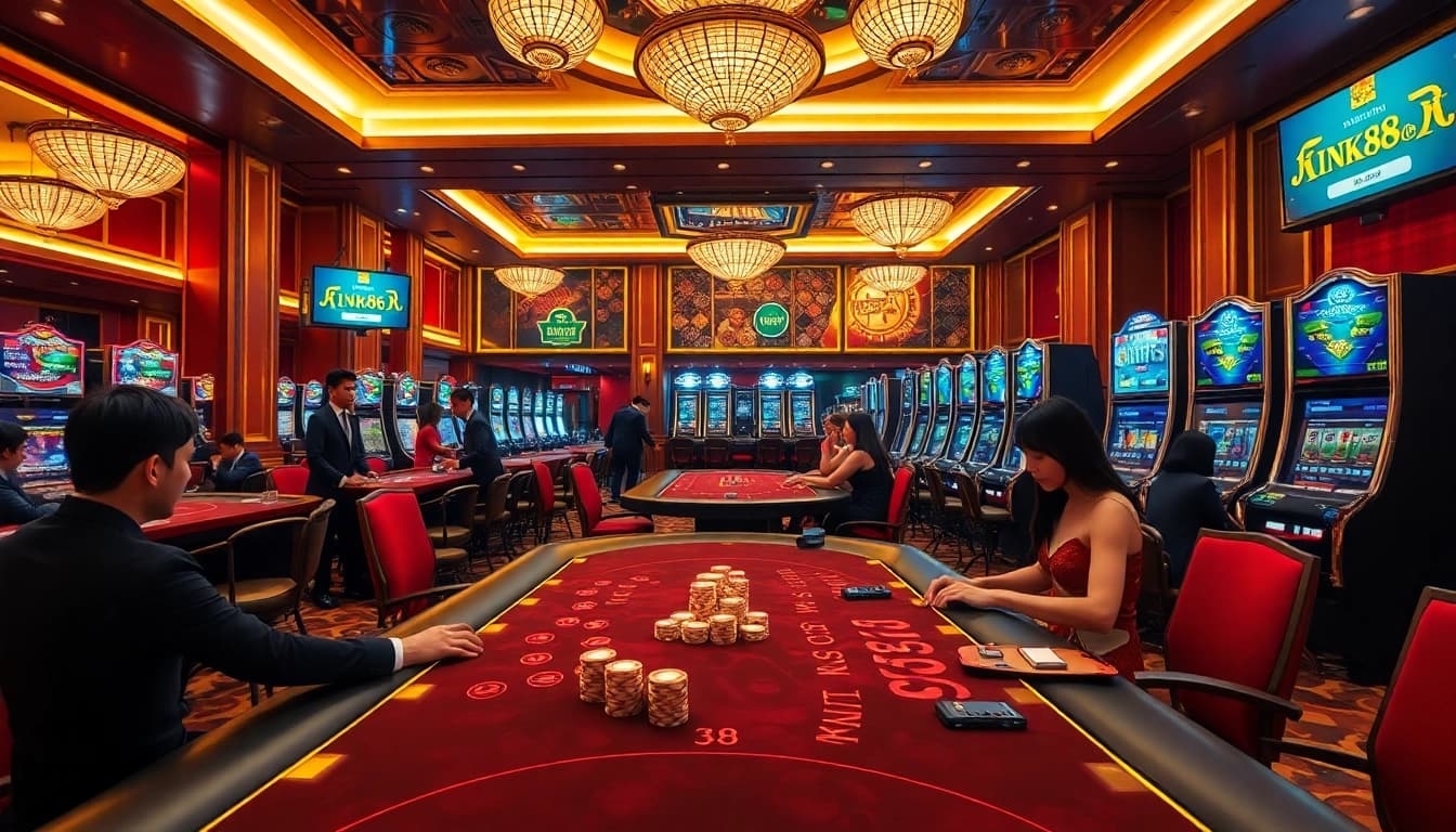 Players enjoying thrilling games at NK88's luxurious casino, showcasing excitement and luxury.