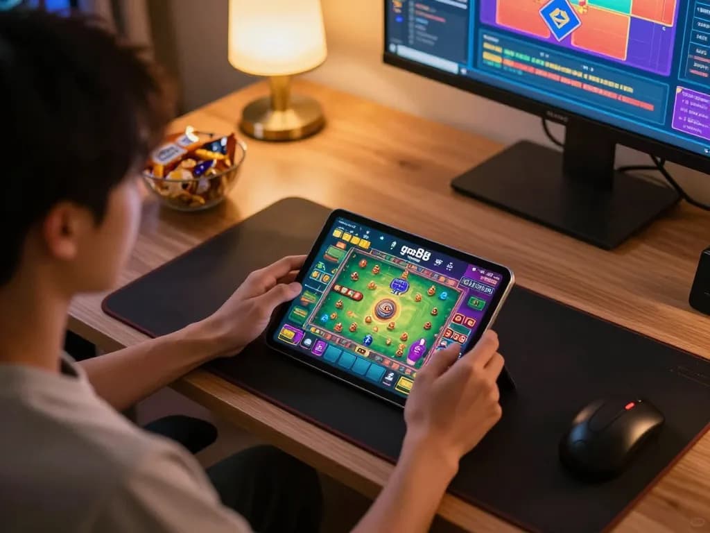 Engaging in go88 online gaming session on a tablet, showcasing vibrant casino interface.