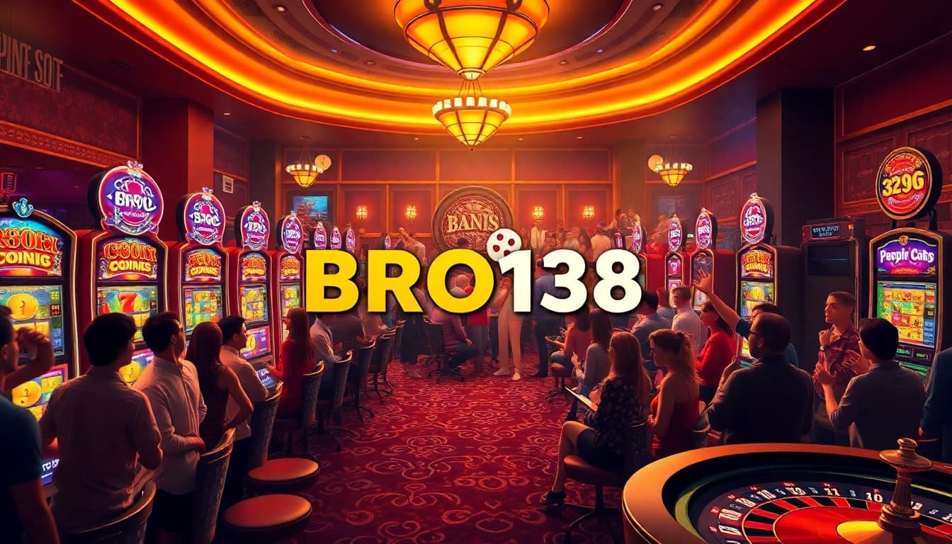 BRO138 slot gaming experience featuring vibrant slot machines and enthusiastic players in a casino.