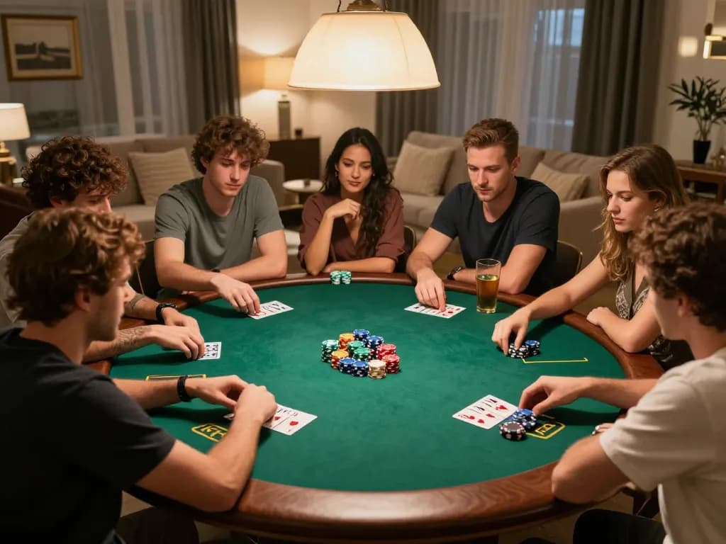 Teman-teman menikmati permainan poker yang mendebarkan di rumah, menampilkan defineyouniversity melalui momen permainan strategis dan suasana sosial yang hidup.