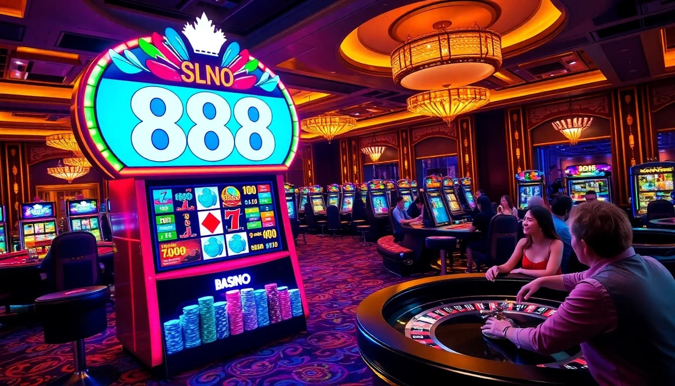 Pemain judi yang menang di mesin slot 888slot yang menarik dikelilingi oleh elemen kasino yang berwarna-warni.