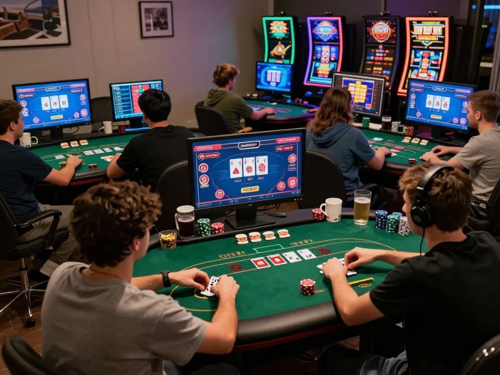 Players focused on online poker gameplay at home with screens showing sc88 opportunities