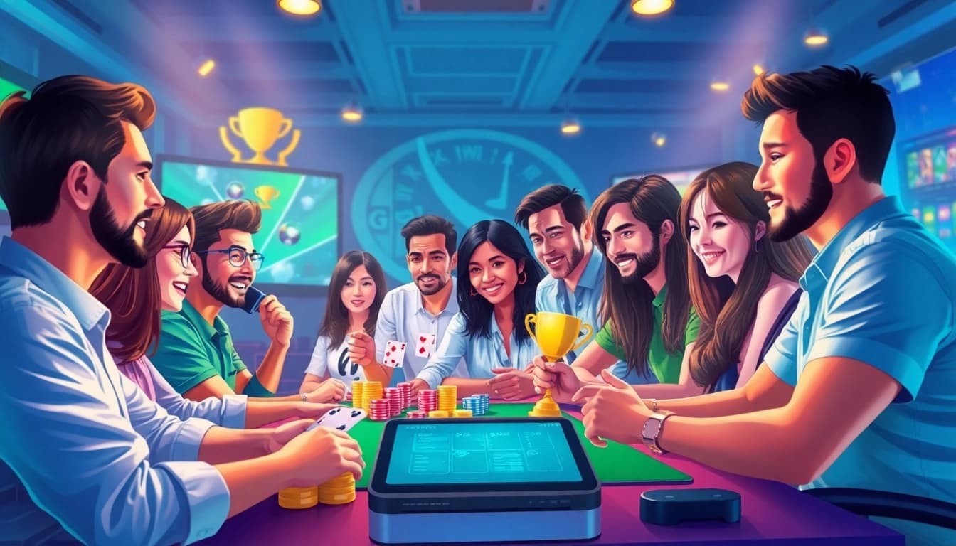 Dynamic illustration of gamers enjoying GEMWIN's diverse online gaming experience with a user-friendly interface.