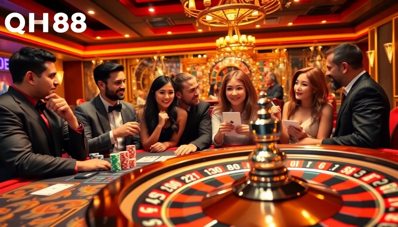Engaging players at a QH88 casino table featuring poker chips and roulette wheel.