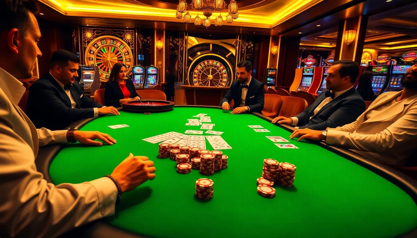HB88 players strategizing at a shining poker table in a luxurious casino setting.