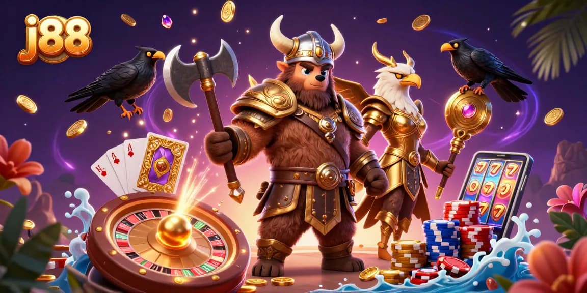 j88 Viking bear and Valkyrie amid gold coins and cards in dynamic casino scene