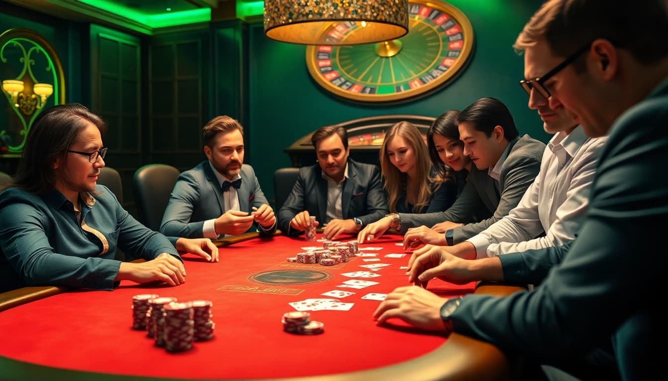 Exciting game đánh bài đổi thưởng session is depicted with vibrant casino tables and players engaged in high-stakes action.