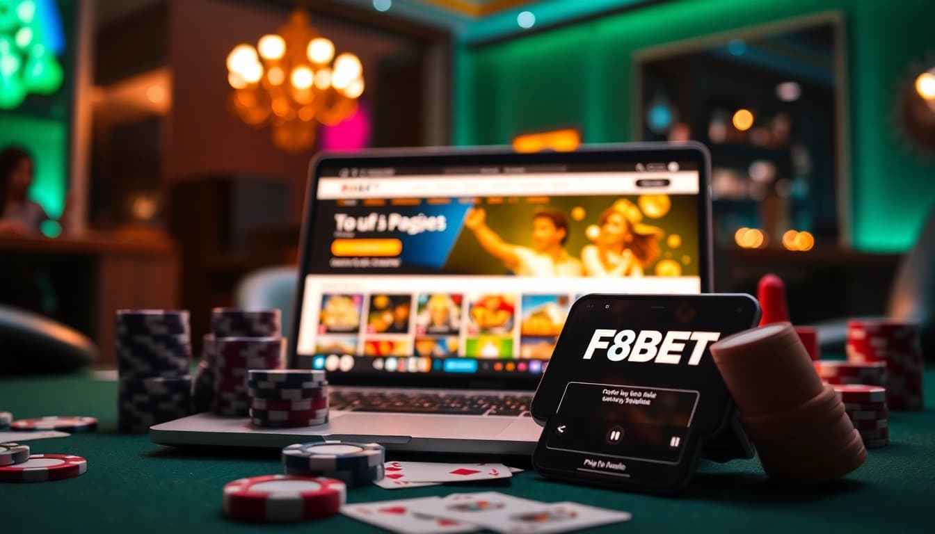 Engaging online gaming scene featuring F8BET.com with vibrant game graphics and a stylish setup.