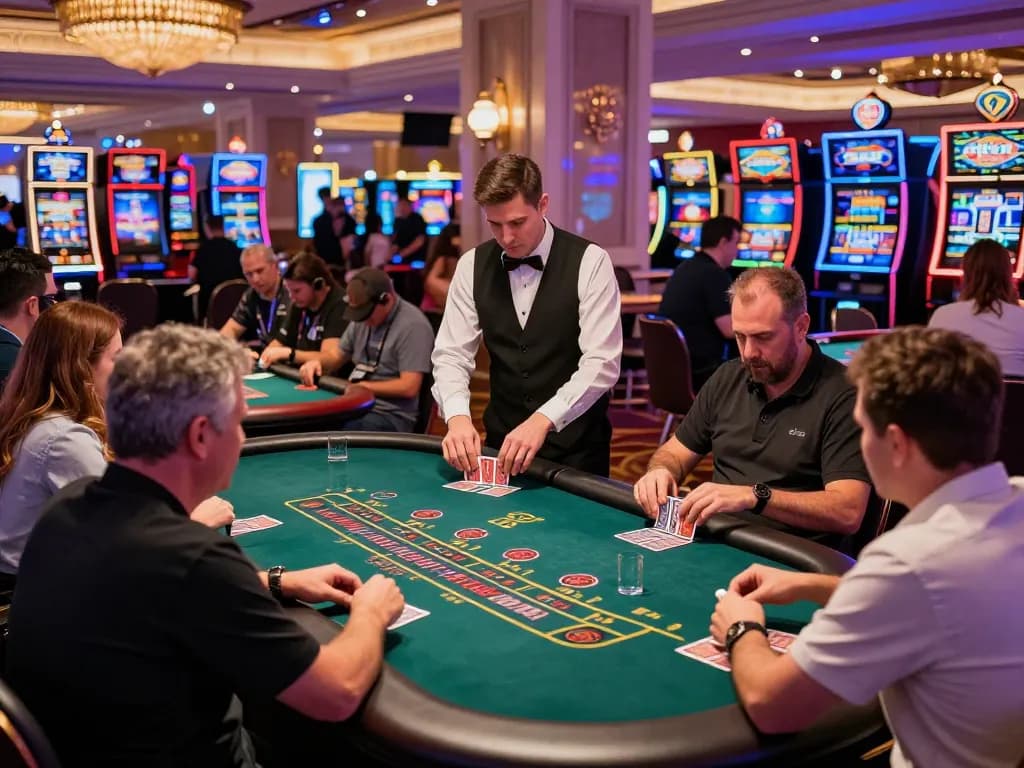 Players engaged at blackjack tables in a 9bet casino atmosphere showcasing excitement and strategy.