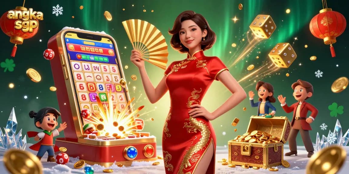 Check angka sgp results as a stunning Asian woman reveals a lottery jackpot explosion with festive elements.