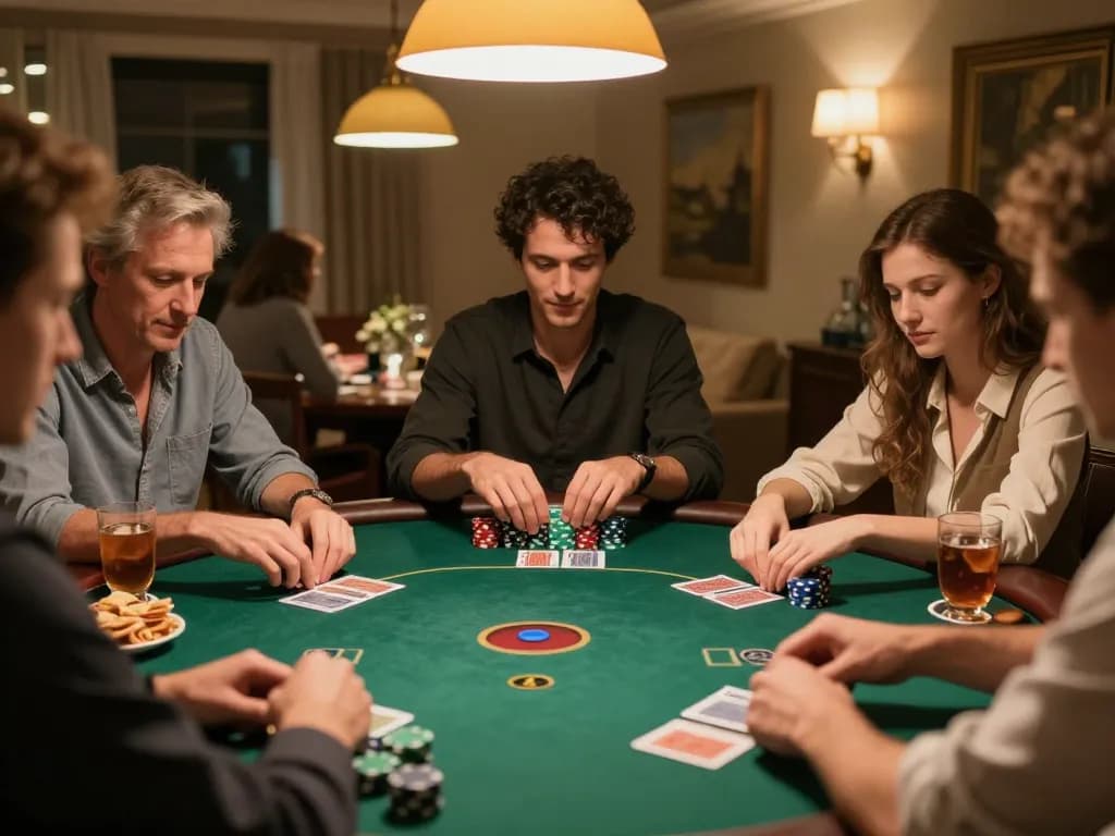 Players vying for victory at a poker night, showcasing strategic moves and camaraderie while enjoying Go 88.