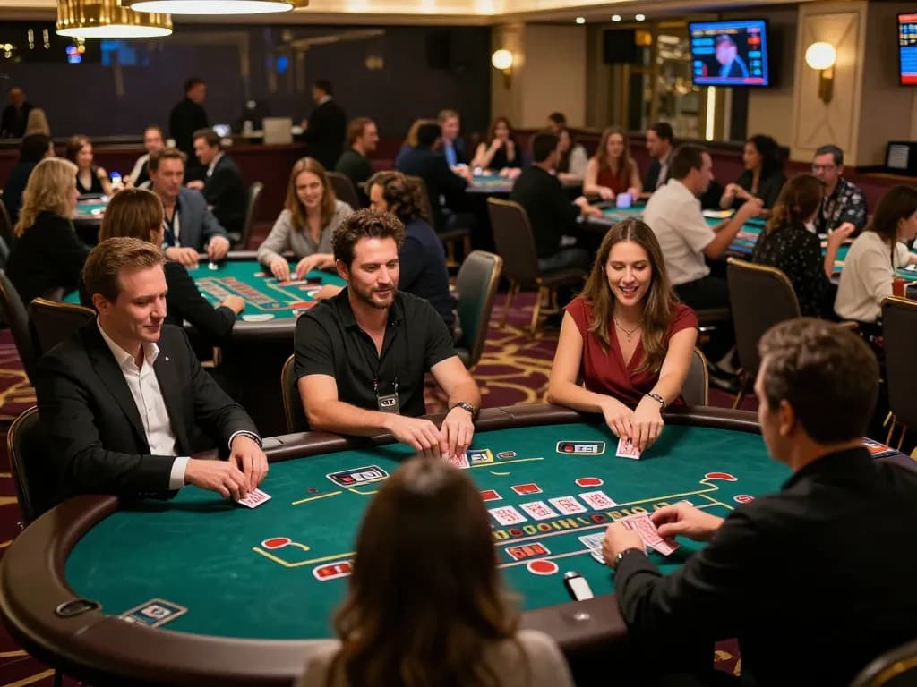 Players enjoying a thrilling blackjack game at LV88 casino, showcasing strategic gameplay and vibrant atmosphere