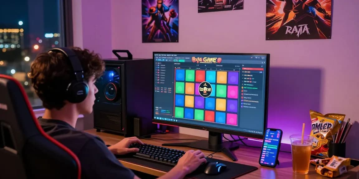 Engaged player enjoying Raja Game login on vibrant gaming setup with colorful interface and snacks.