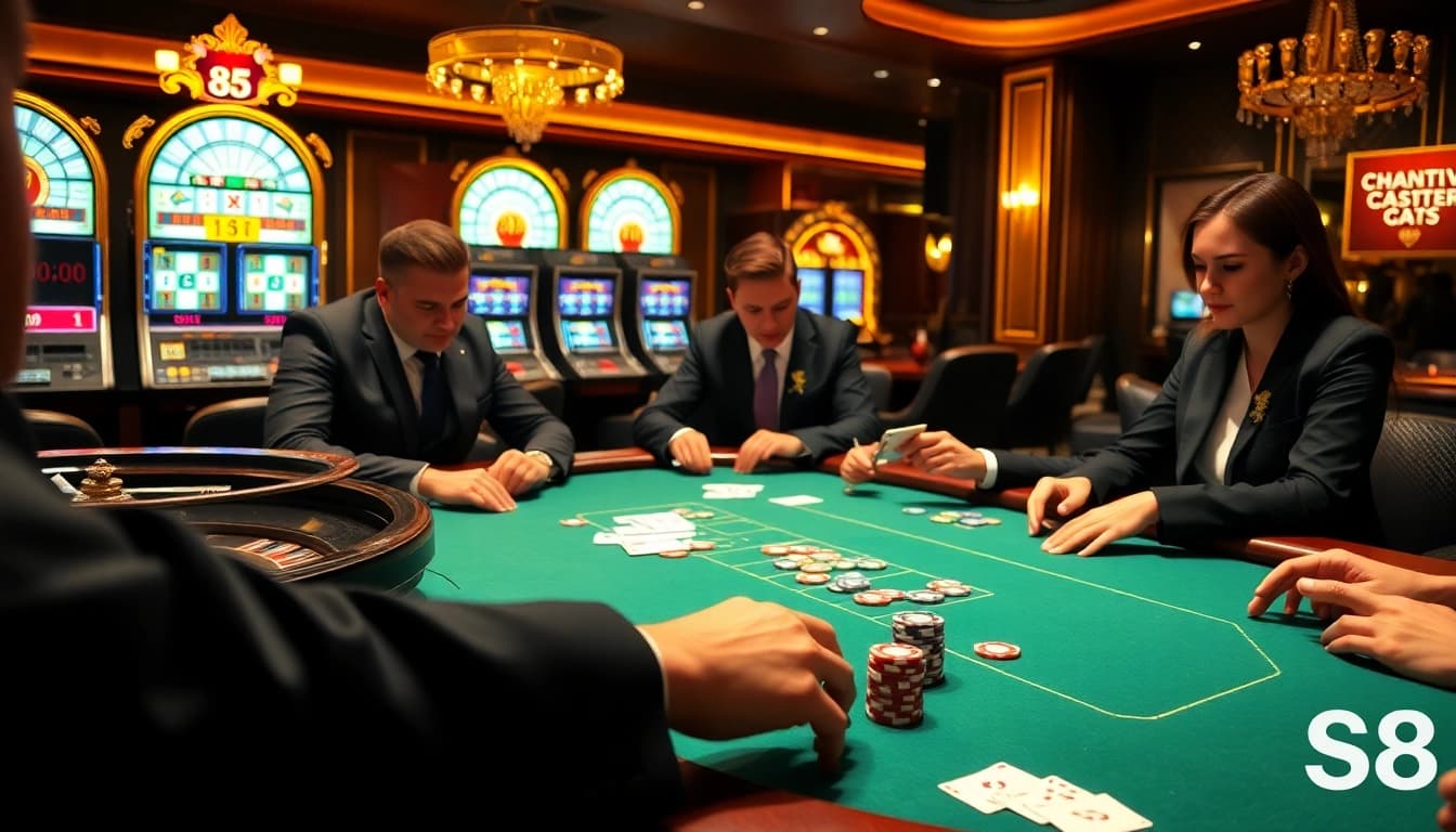 Players enjoying an intense poker game at the S8 casino, with vibrant chips and slot machines.