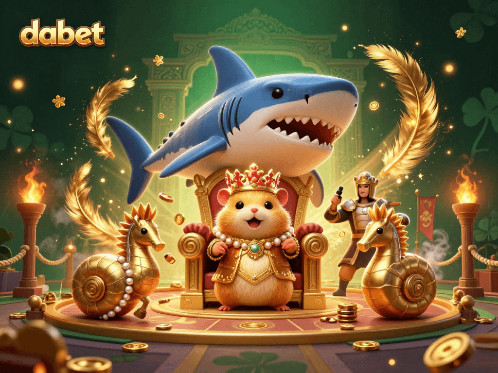 Dabet showcases a fierce hamster king with seahorse guards in an enchanting casino setting.