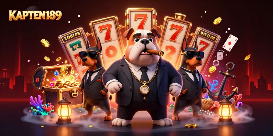 KAPTEN189 menghadirkan suasana kasino dengan karakter mafia dan elemen slot yang dinamis.