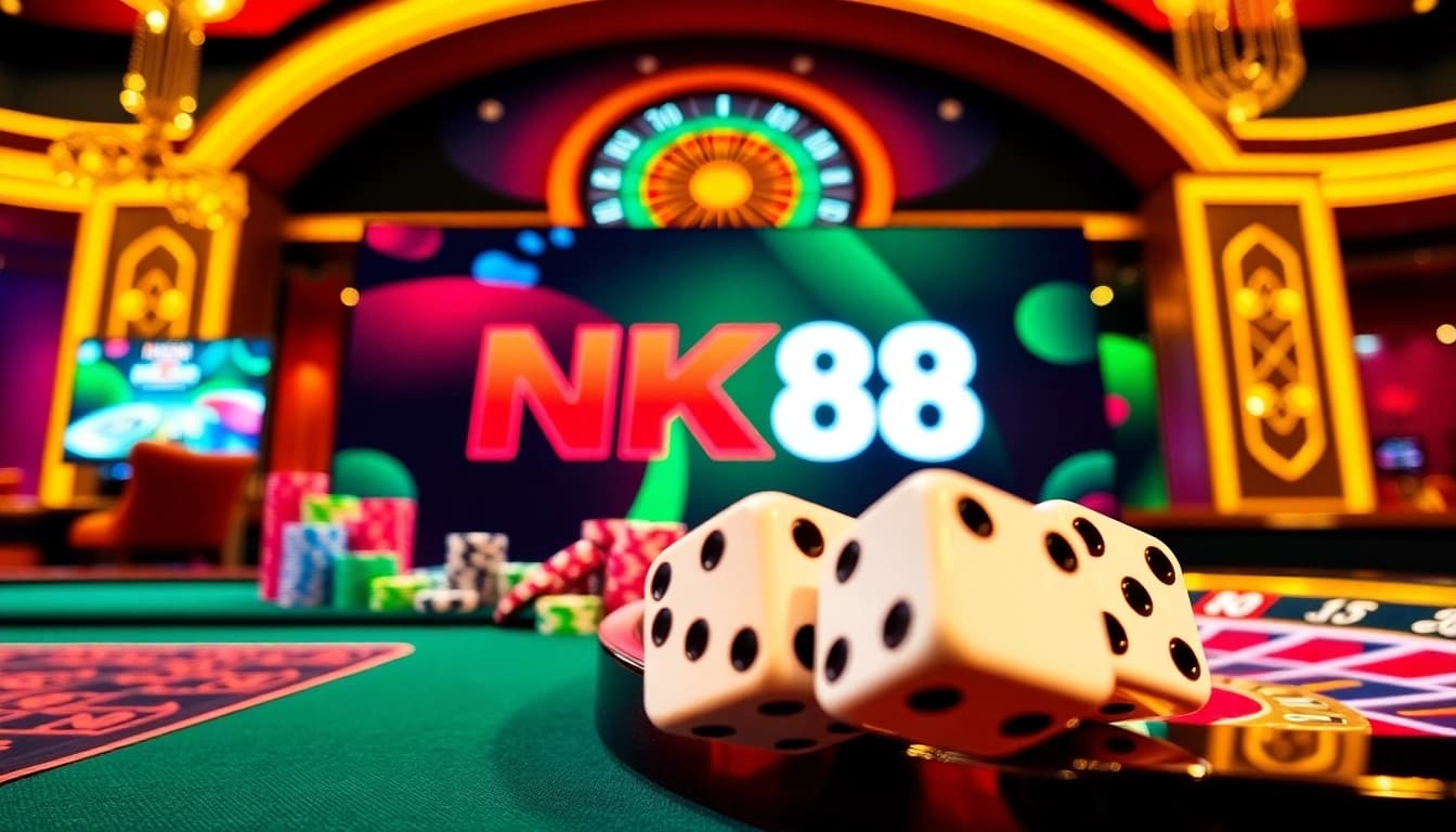 Experience thrilling online betting at https://nk88s.com/ with vibrant casino visuals of poker chips and roulette.