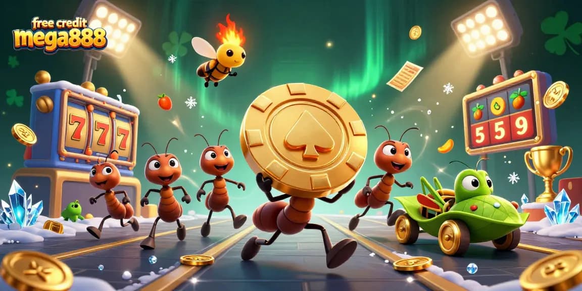 Maximize free credit mega888 with dynamic visuals of ants and casino elements in action.