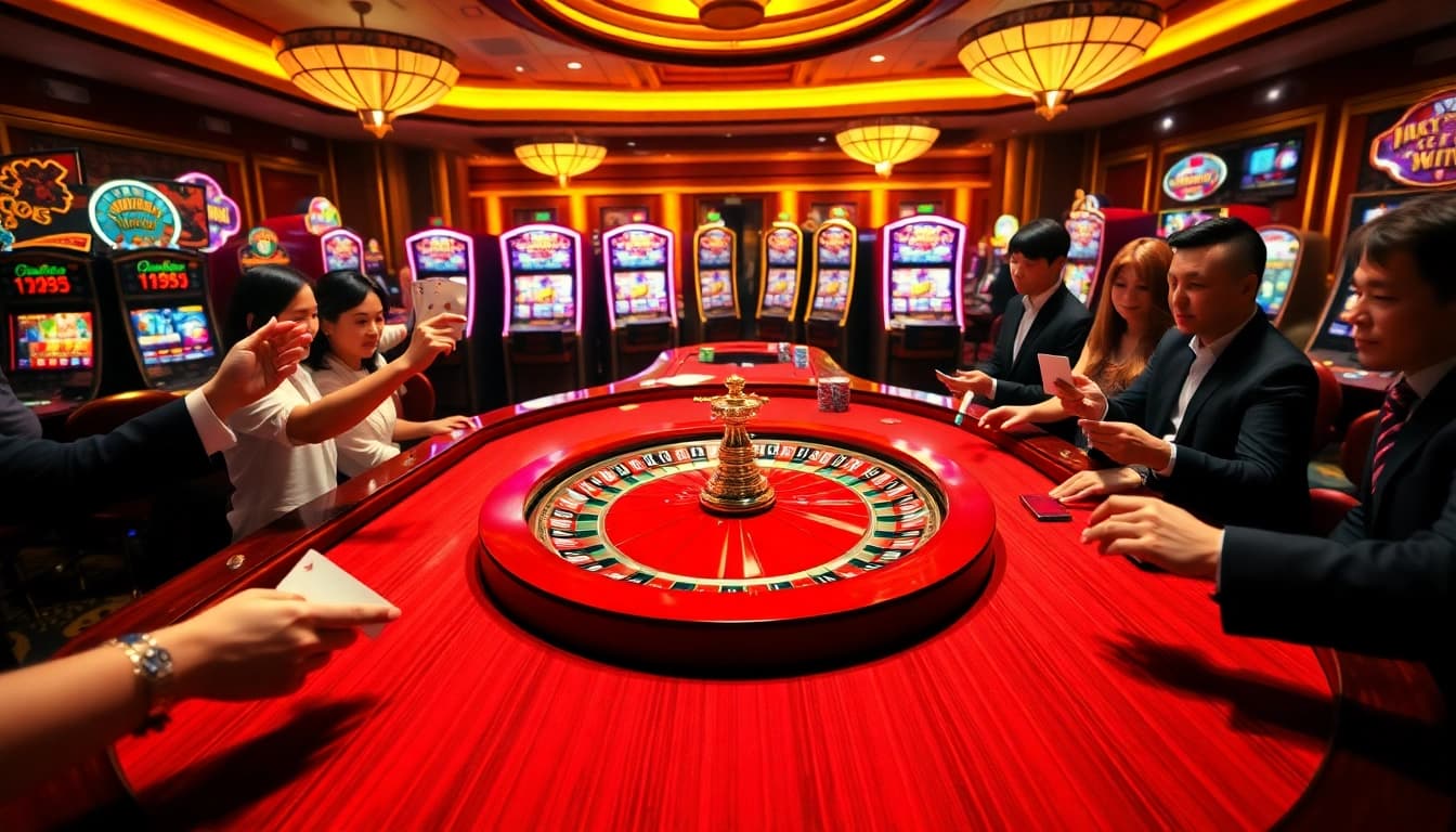 The thrilling atmosphere at https://rr88.mov/, featuring excited gamblers at a luxurious roulette table.