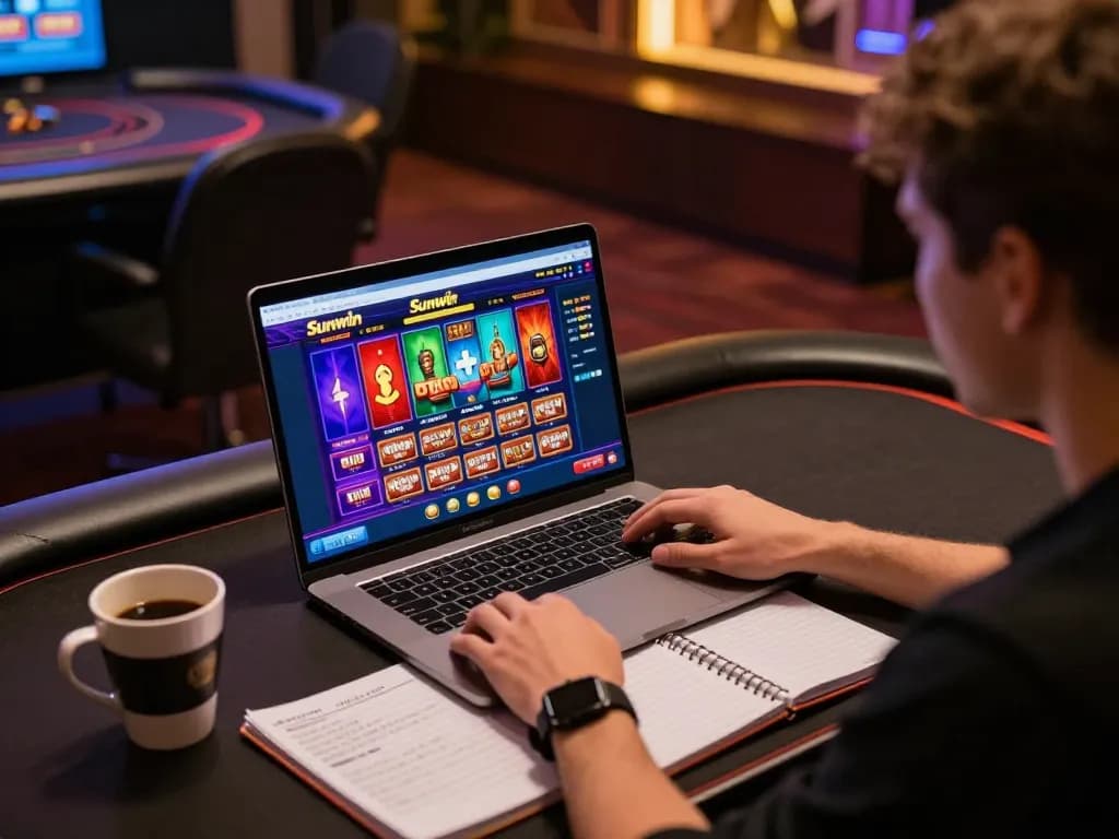 Sunwin player engaging in online gambling strategy at home with laptop and notes