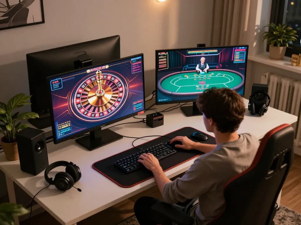 Engaging online gaming at JUN88 with a player exploring live casino games in a cozy home office setting