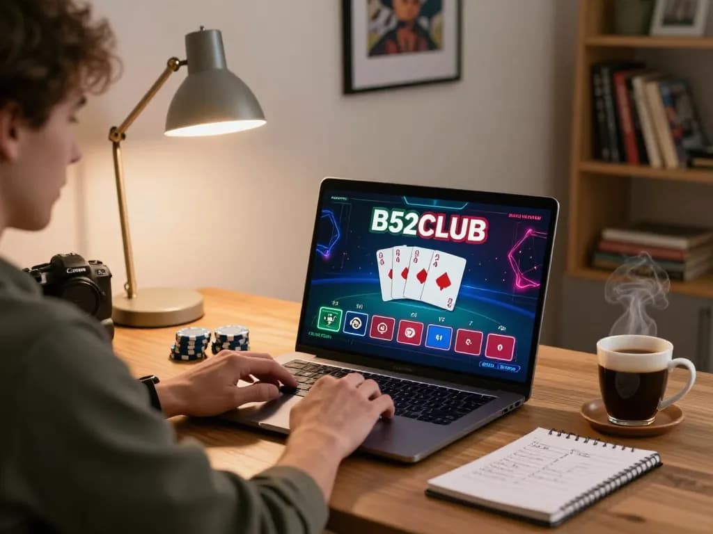 B52CLUB gaming session highlights strategic online play with poker cards and chips on screen.