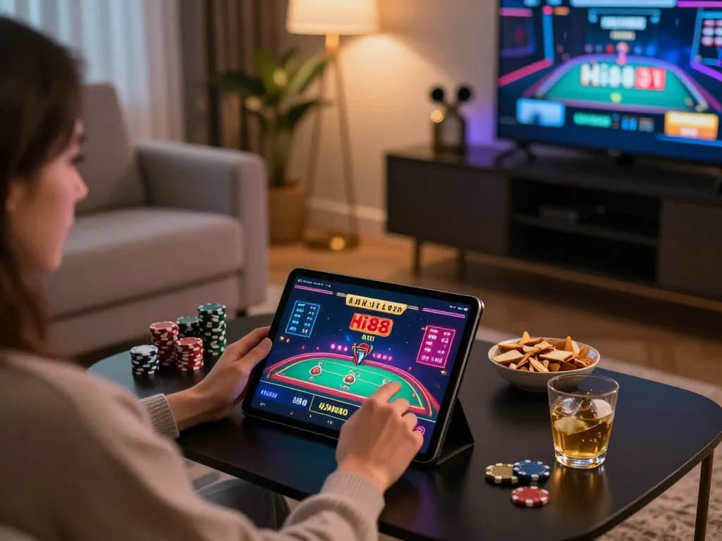 Player enjoying the Hi88 app on a tablet at home, reflecting engaging online gambling experience