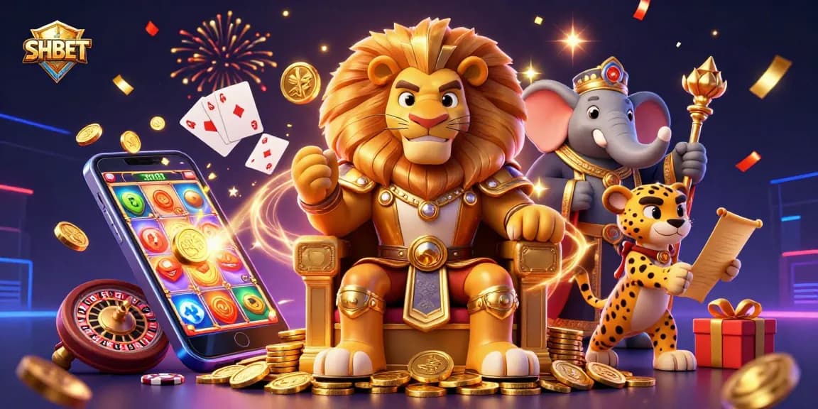 Engage with SHBET's online gaming realm featuring a lion king, elephant advisor, and cheetah messenger amidst vibrant casino elements.