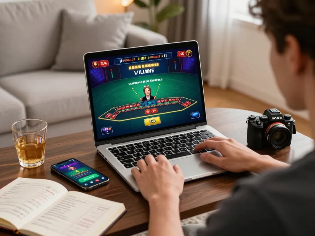 Person registering at MM88 online casino, engaging with live dealer blackjack game on laptop in cozy home setting.
